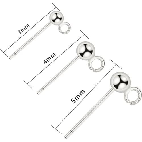 4pcs 3/4/5mm 925 Sterling Silver Round Ball Stud Earrings Post With Loop Earring Base Connectors Linker For DIY Earrings Making