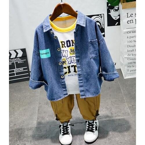 Fashion Sping Autumn Kids Baby Boys Suit Cotton Boys Clothes Set Toddler Solid Casual Jeans Shirt + T-Shirt + pants 3Pcs Set