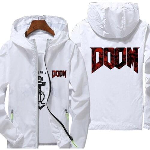 Mens Hooded Zipper Thin Windbreaker Skin Coat Doom Eternal Anime print Jacket Sports Pilot Cycling Clothing