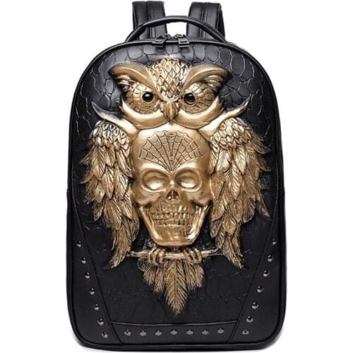 3D Owl Skull Embossing Rivet Black Purse Satchel Man Backpack Halloween Stylish Cool PU Leather laptop Travel Soft Bags