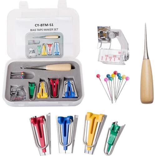 16 Pcs Fabric Bias Tape Maker Kit for Sewing Quilting, Awl and Adjustable Binder Foot, Ball Pins with Case 5BB5091