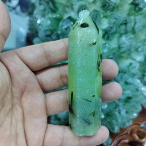 New!!! 90mm Natural Prehnite Crystal Quartz Point Healing Stone Hexagonal Prisms Obelisk Wand Treatment Stone Home Decor
