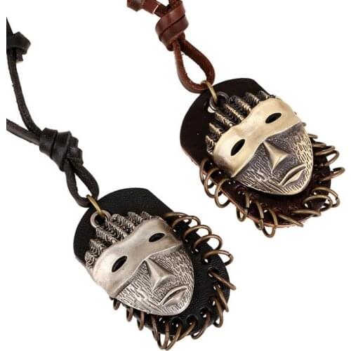 Punk Rock Hippie Pendant Necklace Adjustable Long Leather Chain Retro Alloy Mask Unisex Choker Vintage Fashion Women Men Jewelry