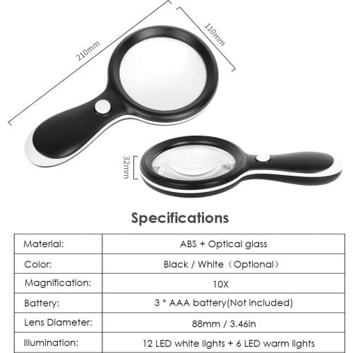 10X Handheld Magnifier Lighted Magnifying Glass Lens Large Diameter 88mm with Warm and Cool LED Lights for Reading