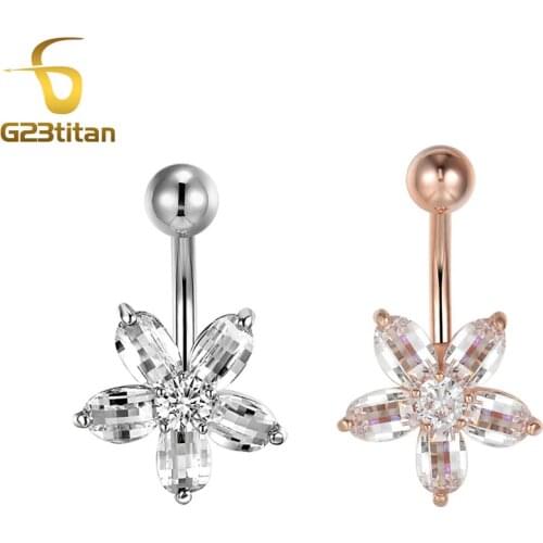 Sexy Belly Bars 16G Belly Button Rings Women Jewelry CZ Crystal Flower Titanium Body Jewelry Navel Piercing Rings Drop Shipping