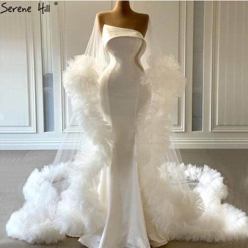 Serene Hill Satin White Mermaid Wedding Dresses 2021 O-Neck Sleeveless High-end Simple Beidal Dress Design HM67190