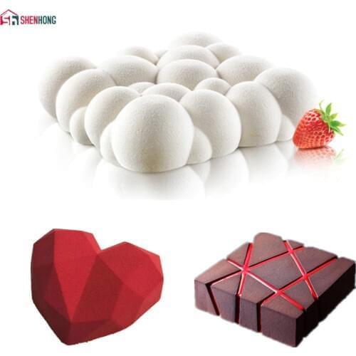 SHENHONG 3PCS Art Cake Mould Pan 3D Grid Block Clouds Diamond Heart Silicone Mold Mousse Silikonowe Chocolate Moule Baking