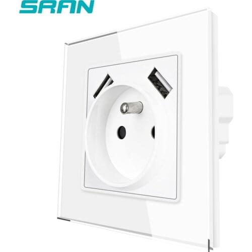 SRAN FR Standard Power Socket,Socket With Usb Charging Port 2.1A 16A White Crystal Glass Panel Wall Sockets EU New F6USB002-bai