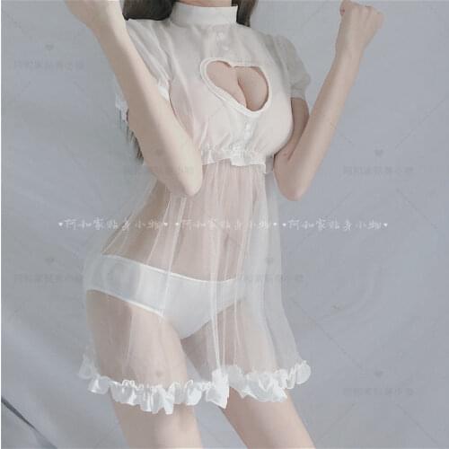 Young Girl Ultra Thin Sexy Lingerie V-Neck Ladies Sexy Lace Perspective Sleepwear Nightdress Babydolls Lingerie Dress Night Gown