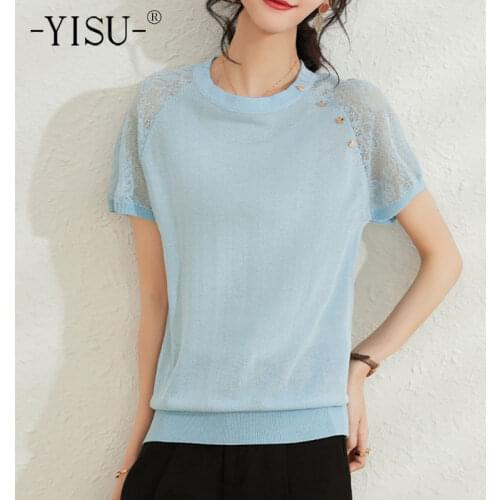 YISU Summer Solid color Women Short sleeve T-shirt O-Neck Knitted pullove Women tops Casual Lace sleeves Jumper Thin section
