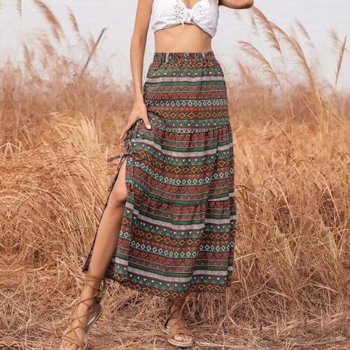 2021 New Summer Bohemian Print Long Skirt Side Split Lace-Up Holiday Women Elastic Waist Skirts Beach