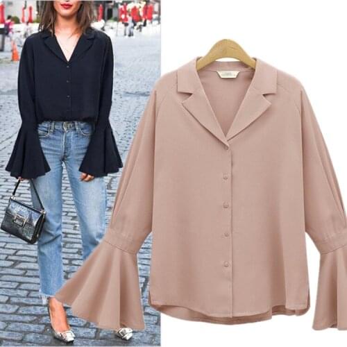 Trending FLare Long Sleeve Turn-down Collar Chiffon Shirt Top Women All-match Chiffon Blouse