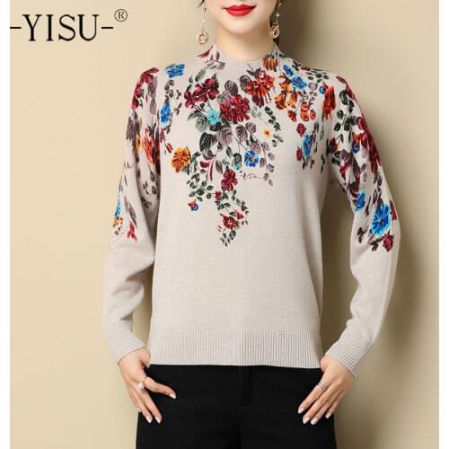 YISU Women Winter Sweater Half Turtleneck Flower Printing Winter tops Long sleeve Warm Female Jumper Casual Knitted pullover