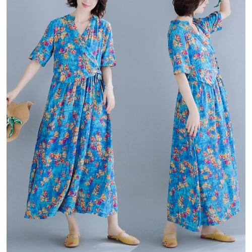 2020 new Summer Dress Women Plus Size Short Sleeve Dresses vintage loose Printed Dress female m113