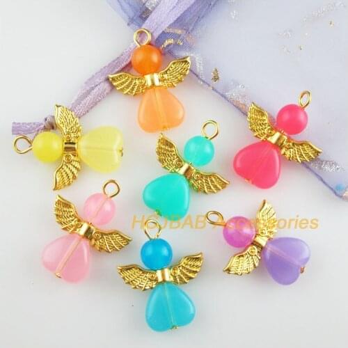 14 New Angel Charms Gold Color Mixed Jelly Acrylic Heart Pendants 22x28mm