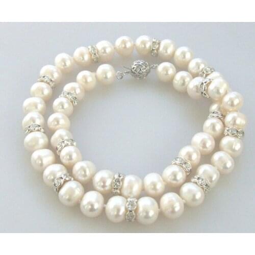 17" 9-10mm white freshwater pearl bling rhinestone rondelle every day bib necklace