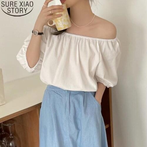 Sweet Women Blouses Slash Neck Off Shoulder Tops 2021 New Summer Blouse Short Sleeve Solid Casual Loose Clothes Blusas 14246