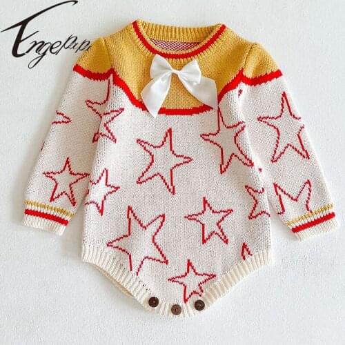 Engepapa Spring Autumn Newborn Baby Girls Jumpsuit Star Print Knitting Long Sleeve Clothes Toddler Baby Girl Knitting Bodysuits