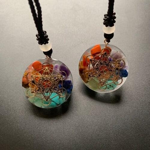 7 Chakra Stones Geometric Orgone Pendant Resin Metaron Necklace Crystal Chips Tumble Stones Neck Orgonite Handmade Dropship 1pc