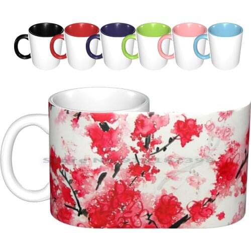 Cherry Blossoms Ceramic Mugs Coffee Cups Milk Tea Mug Blossom Cherry Blossom Sakura Fengshui Floral Japanese Red Watercolor