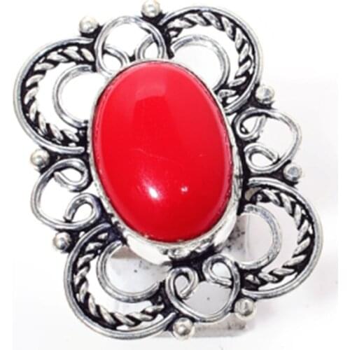 Genuine Coral Ring Silver Overlay over Copper , Hand Made Women Jewelry gift, Size: 5.5 , R6450