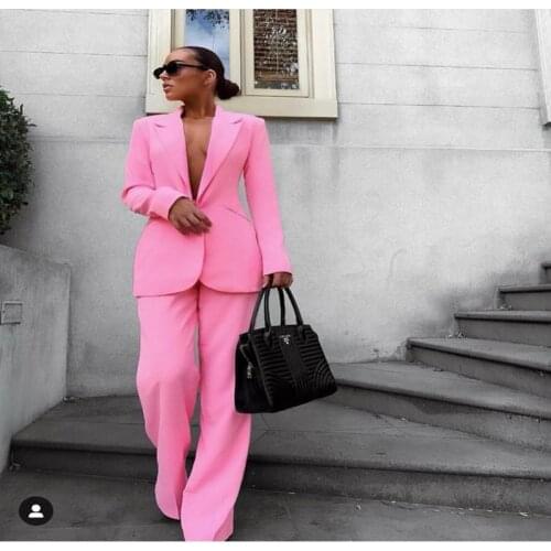 Pink Single Breasted Peak Lapel Womens Suit For Work Wide Leg Pants Fashion Casual Plus Size Jacket Blazer Pants