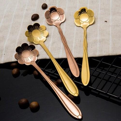 Kitchen Dessert Spoon Stainless Steel Coffee Milk Spoon With Flower Head Long Handle Spoon Gold-plated Dessert Spoon