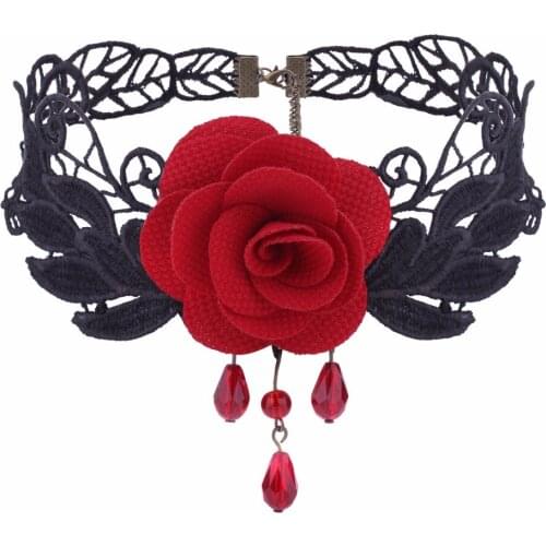 Fashion Women Retro Gothic Black Red Flower Lace Necklace Collar Choker, Elegant water drop pendants Necklace For Women
