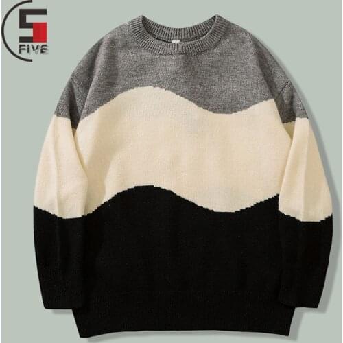 Hip Hop Winter Patchwork Knitted Sweaters Men Harajuku Streetwear Casual Long Sleeve Sweater Campus Hipster Round Neck Pullovers