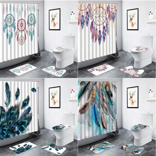 Dream Catcher Shower Curtain Set Peacocks Feather Fashion Ethnic Style Decor Bathroom Carpet Bath Mat Non-slip Rugs Toilet Cover
