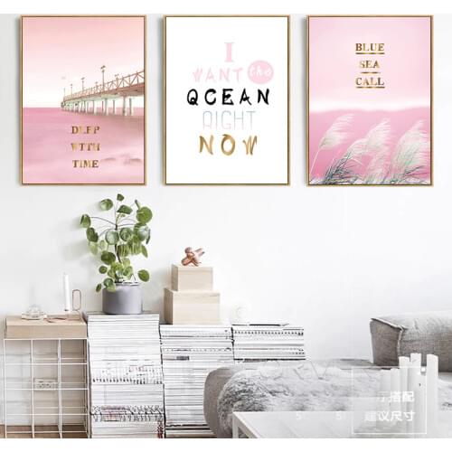 Wall Art Picture Girly Dreamy Pink Bridge Ocean Landscape Painting Art Print Posters Living Room Coffee Home Decor Background