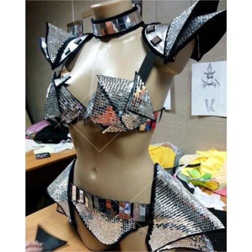 Future technology Women Space show female warrior armor costume sexy mirror bikini dress stage dance wear halloween cosplay