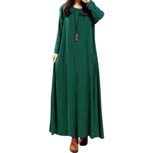 Plus size women long cotton dresseses full sleeve autumn winter lady long clothes casual loose fashion women dresses round neck