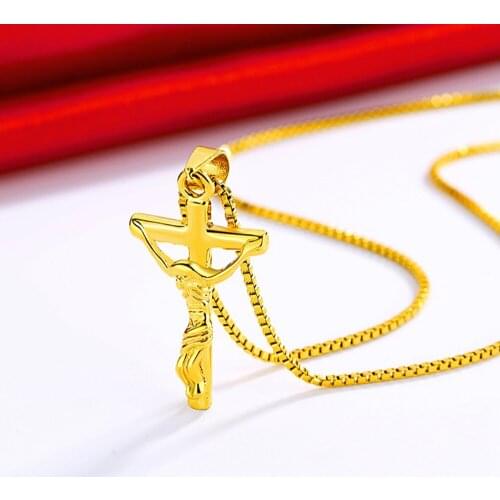 Crucifix Cross Jesus Pendant Chain for Women Men Yellow Gold Filled Simple Smooth Fashion Jewelry Gift