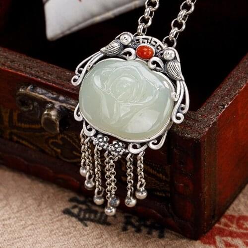 S925 Pure Silver Antique Mosaic And Tian Yu White Jade Plum Blossom Magpie Tassel Sweater Chain Pendant Wholesale
