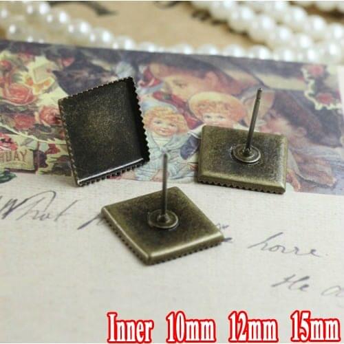 30pcs WHOLESALE ANTIQUE BRONZE Stud Earring with inner 10/12/15mm Teeth edge Square Bezel Setting Tray for Cameo Cabochons
