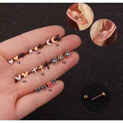 Fashion New 1Pc Mini Full Stainless Steel Cartilage Earrings Piercing Jewelry Stars Flowers Moon Stud Earrings Stud Earring