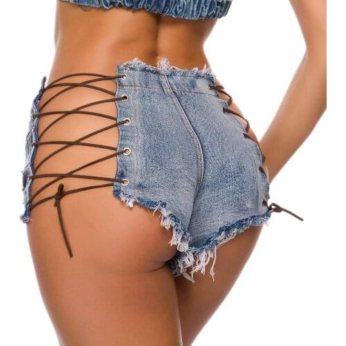 Summer Sexy black Blue lacing womens shorts ripped denim shorts sexy bandage high waist shorts ripped short pants women 2020 New