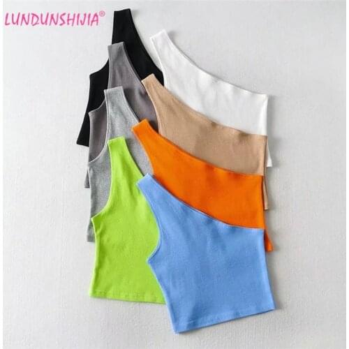 LUNDUNSHIJIA 8 Colors European American Style High Elastic Oblique Shoulder Cotton Crop Tops Summer Candy Colors Base Sling Top