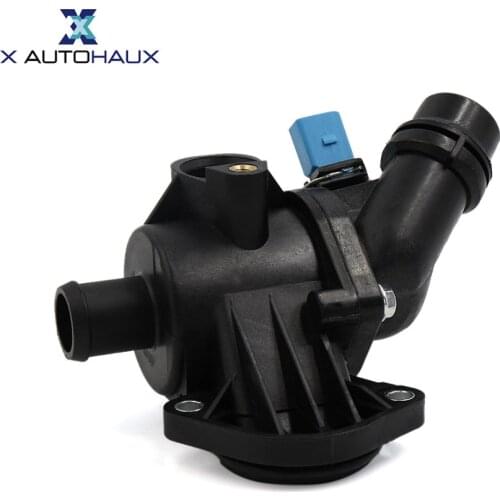 X AUTOHAUX New Black Thermostat Housing Assembly w Sensor 06B121111K for Audi A4 1.8L 2002-2006 For Volkswagen Passat 2.0L