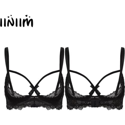 Iiniim Womens Exotic Bras See Through Sheer Lace Lingerie Spaghetti Straps Open Cups Crop Top Sissy Femme Underwired Bra Tops