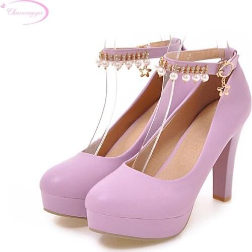 Chainingyee party style comfortable round toe pumps fashion rhinestone bowknot hook platform thick high-heeled womens shoes