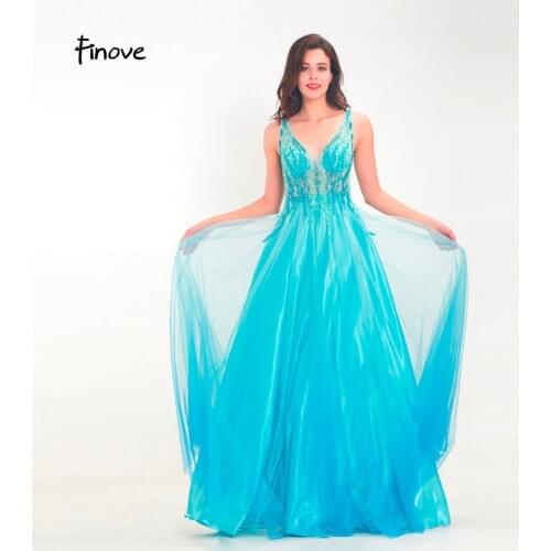 Finove Prom Dress Long 2020 In Women'Dresses New Arrivals Tulle Satin A Line Sexy V Neck Back Fully Beaded Vestido de fiesta