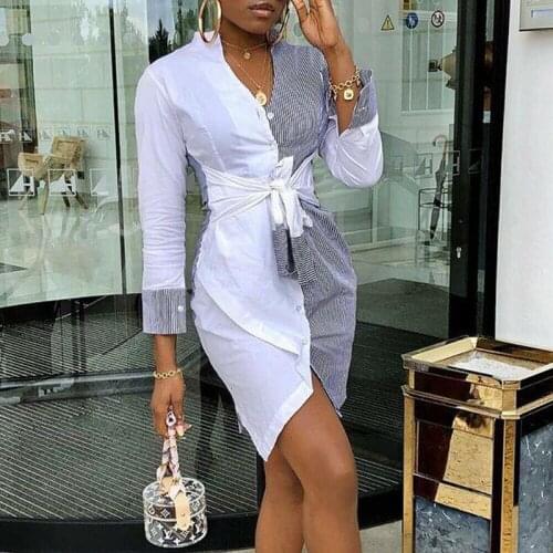 Women Fashion Shirt Dress Stripe Patchwork Short Party Dress Summer Autumn Holiday Sundress Office Lady Casual Dresses