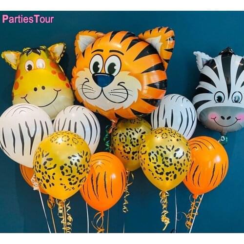 10X Jungle Animal Printed Cow Tiger Zebra Leopard Latex Baloon Set Green Number Globo Baby Shower Birthday Party Decor Ballons