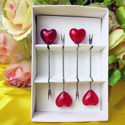 2016 high quality fashion wedding tableware stainless steel fruit dessert fork handmade glass heart shape sculpture decoration
