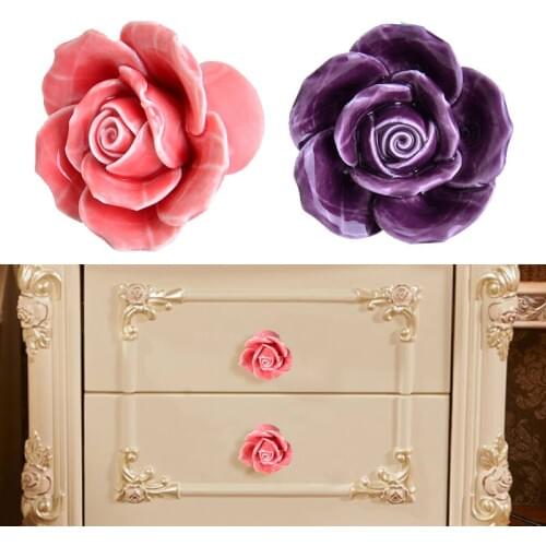 6x Rose Flower Handles Cabinet Ceramic Knobs Single hole Kitchen Handles Dresser Closet Kids Bedroom Furniture 5 Colors