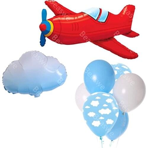 8pcs Blue White Cloud Balloons with Boy Airplane Toy Birthday Wedding Decor Hawaii Theme Kids Birthday Party Supplies Air Globos