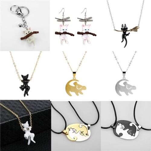 Cute Pet Cat Kitten Dog Keychain Black White Cat Couple Key Chains Animal Pendant Women Men Choker Necklace Valentines Day Gift