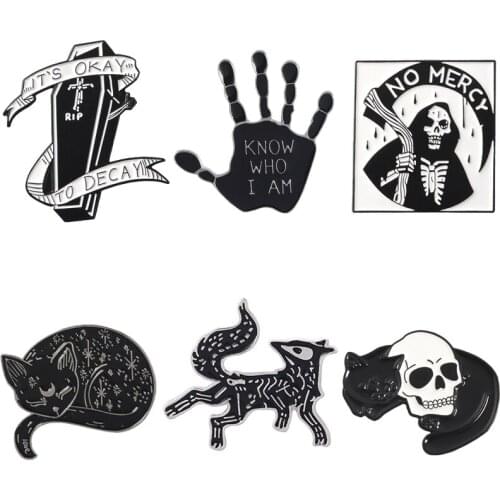 Black Punk Coffin Grim Reaper Magic Sorcerer Cat Skull Hand Palm Enamel Pins Lapel Brooches Badges Pin Gothic Jewelry Wholesale